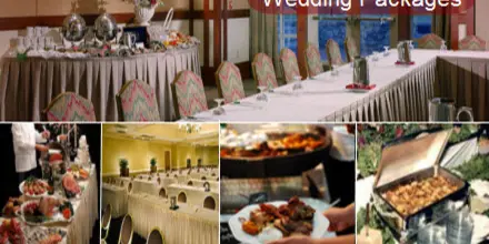 A collage showing a banquet room set for a wedding with long tables and chairs, alongside close-up photos of various catering food platters and dishes.