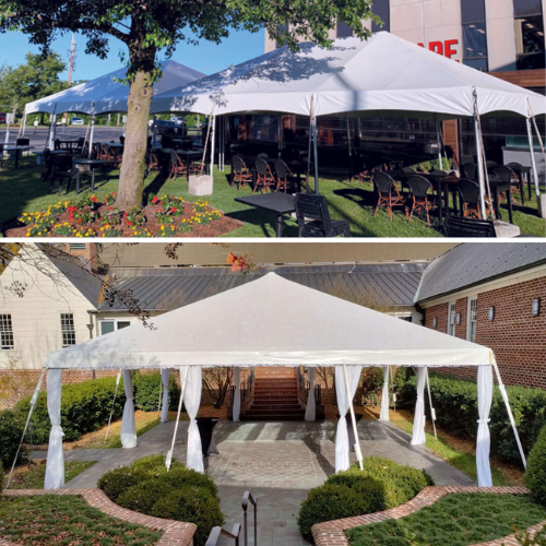 Outdoor event tents set up in a grassy area and a paved courtyard.