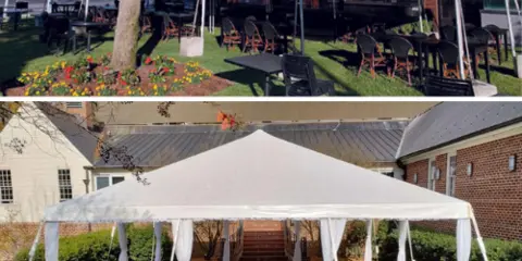 Outdoor event tents set up in a grassy area and a paved courtyard.