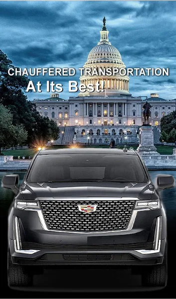 A black luxury SUV parked in front of the US Capitol building with text overlay reading 'Chauffeured Transportation At Its Best!'