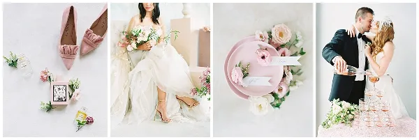 A four-panel collage of wedding photography featuring a bride holding a bouquet, a couple toasting with champagne, and close-up details of pink shoes and floral arrangements.