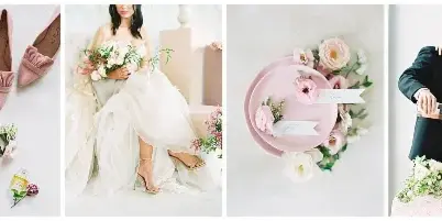 A four-panel collage of wedding photography featuring a bride holding a bouquet, a couple toasting with champagne, and close-up details of pink shoes and floral arrangements.