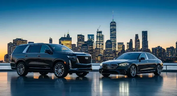 A black Cadillac Escalade and a black Mercedes-Benz S-Class parked side-by-side in front of a city skyline at dusk.