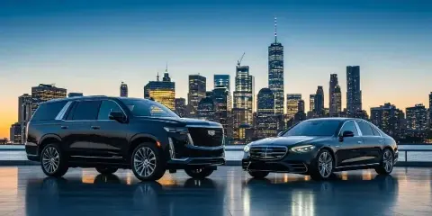 A black Cadillac Escalade and a black Mercedes-Benz S-Class parked side-by-side in front of a city skyline at dusk.