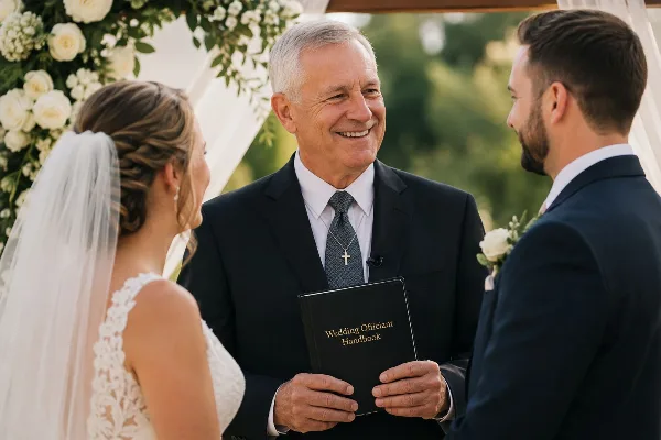 A Christian minister in a suit officiating a wedding ceremony between a bride and groom, holding a black book titled 'Wedding Officiant Handbook'.