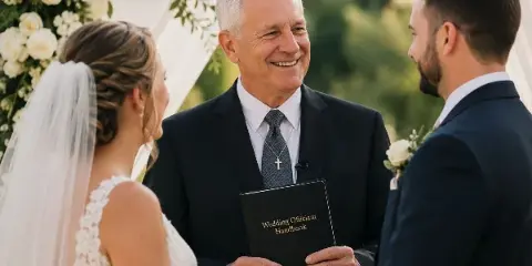 A Christian minister in a suit officiating a wedding ceremony between a bride and groom, holding a black book titled 'Wedding Officiant Handbook'.