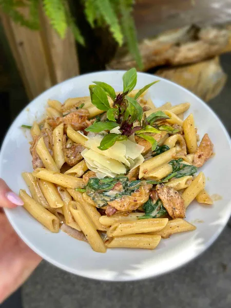 A white plate of penne pasta with chicken, spinach, and parmesan garnish held by a hand.