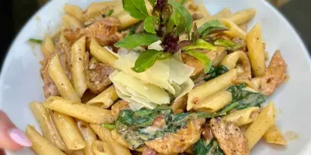A white plate of penne pasta with chicken, spinach, and parmesan garnish held by a hand.