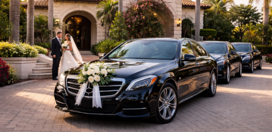 A black luxury sedan with a floral decoration on the front grille, parked in front of a venue with a bride and groom standing beside it.