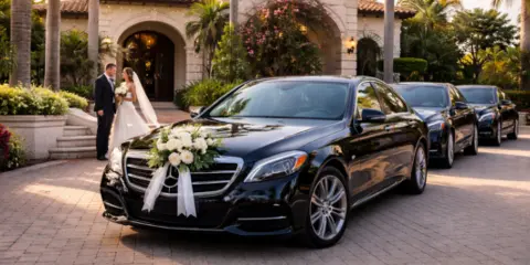A black luxury sedan with a floral decoration on the front grille, parked in front of a venue with a bride and groom standing beside it.