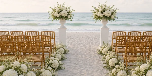 A beach wedding ceremony setup with rows of wooden chairs, white floral arrangements, and pedestals facing the ocean.