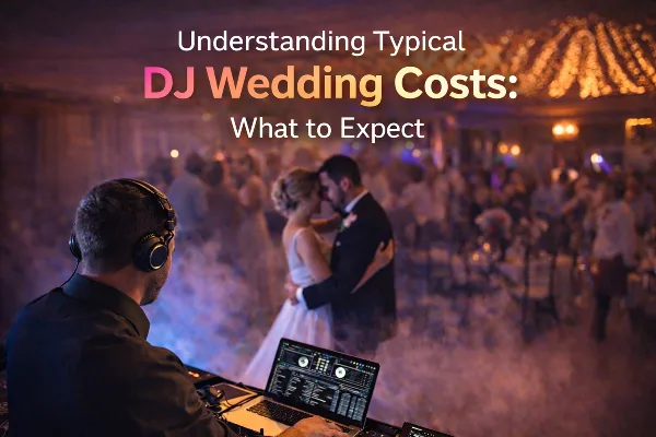A DJ wearing headphones operates a laptop and mixing console at a wedding reception while a couple dances in the background.