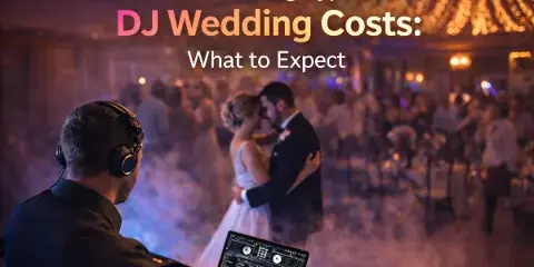 A DJ wearing headphones operates a laptop and mixing console at a wedding reception while a couple dances in the background.