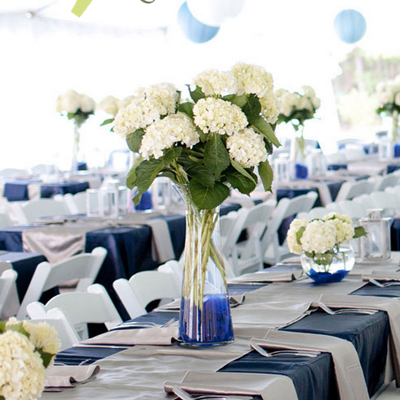 A decorated event table with white hydrangea centerpieces, blue and silver table linens, and place settings in a wedding or party venue.