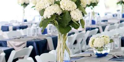 A decorated event table with white hydrangea centerpieces, blue and silver table linens, and place settings in a wedding or party venue.