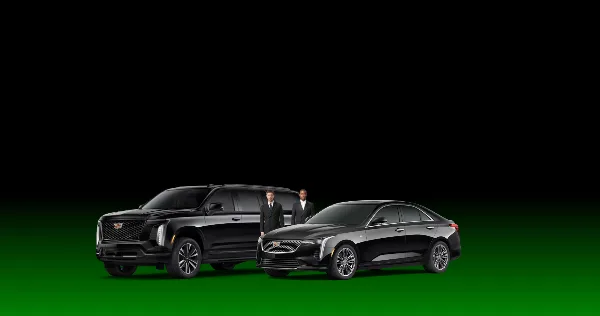 A professional chauffeur in a suit standing between a black luxury SUV and a black sedan on a green background.