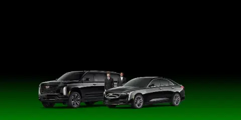 A professional chauffeur in a suit standing between a black luxury SUV and a black sedan on a green background.