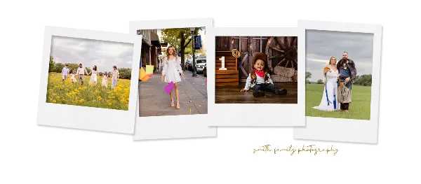 A collage of four photographs showing a family in a field, a young girl on a street, a child in a cowboy hat, and a wedding couple in a field.