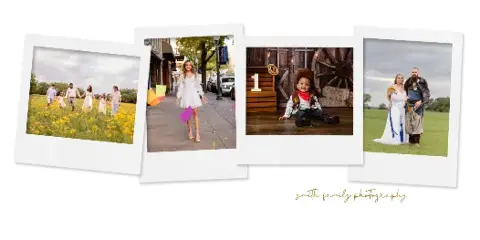 A collage of four photographs showing a family in a field, a young girl on a street, a child in a cowboy hat, and a wedding couple in a field.