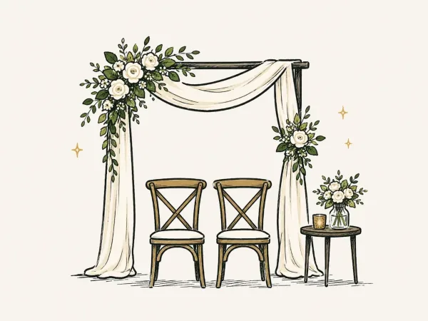 Illustration of a wedding setup with two chairs, a floral canopy, and a small table with flowers.
