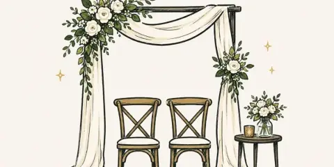 Illustration of a wedding setup with two chairs, a floral canopy, and a small table with flowers.