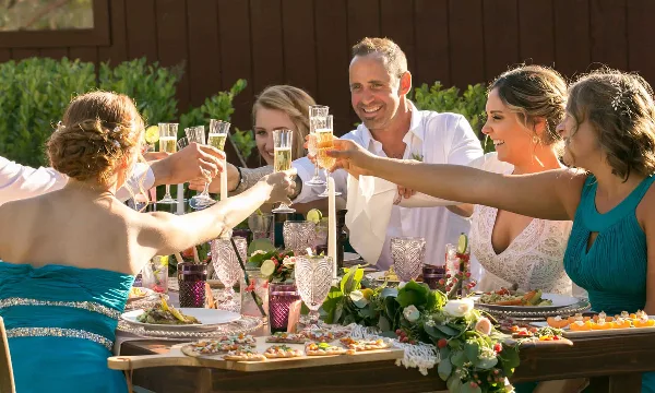 A bride and groom toast with their wedding party at a catered reception table.