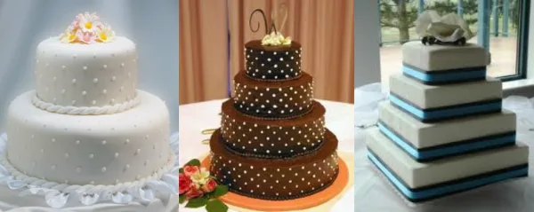 Three decorated tiered cakes displayed side by side, including white, chocolate, and blue-accented designs.