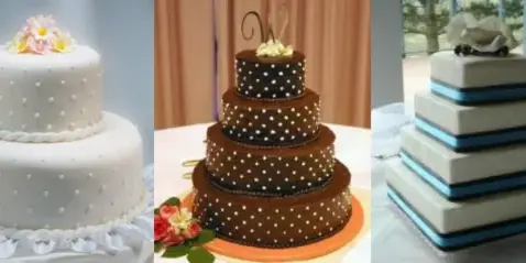 Three decorated tiered cakes displayed side by side, including white, chocolate, and blue-accented designs.