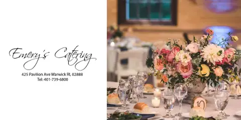 A professionally set catering table featuring a floral centerpiece, glassware, and plated food, with the Emery's Catering logo and contact information on the left.
