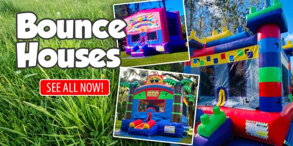 A collage of colorful inflatable bounce houses set up on a grassy lawn.