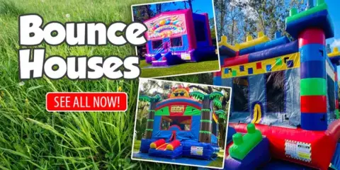 A collage of colorful inflatable bounce houses set up on a grassy lawn.