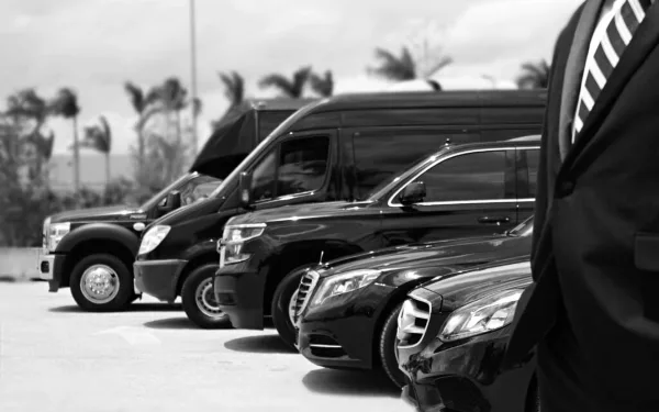 A black and white photograph of a fleet of luxury vehicles, including a party bus and limousines, parked in a row.