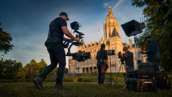 Video production crew operating gimbal-mounted cinema cameras, tripods, and lighting equipment on a lawn in front of a large domed state capitol building.