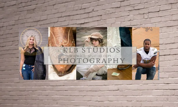 A photography portfolio collage showing senior portraits, a wedding detail, and a sports portrait with the KLB Studios logo overlay.