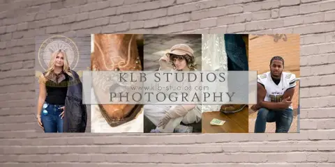 A photography portfolio collage showing senior portraits, a wedding detail, and a sports portrait with the KLB Studios logo overlay.