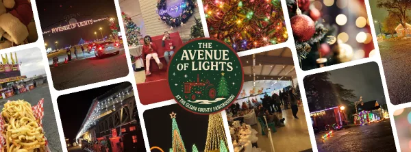 A collage of photos showing the Glenn County Fairgrounds, including the Avenue of Lights drive-through, the North Pole Lodge interior, and the venue's buildings.