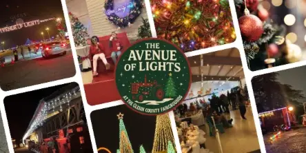 A collage of photos showing the Glenn County Fairgrounds, including the Avenue of Lights drive-through, the North Pole Lodge interior, and the venue's buildings.