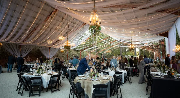 Wide shot of a wedding reception venue featuring a glass roof, draped fabric, chandeliers, and set dining tables.