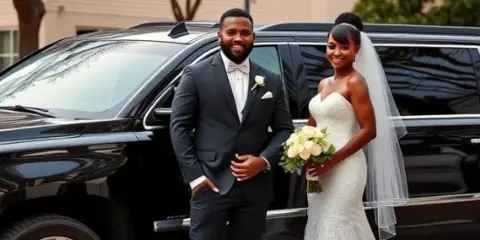 A bride and groom posing in front of a black luxury SUV