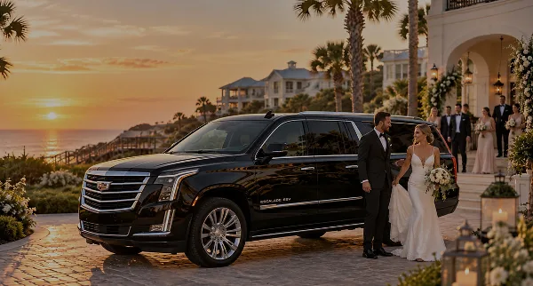 A black Cadillac Escalade ESV parked on a cobblestone driveway at sunset, with a groom assisting a bride out of the vehicle while a wedding party stands in the background.