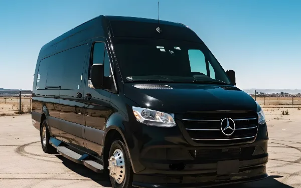 A black Mercedes-Benz Sprinter van parked in an open paved area.