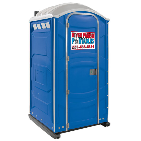 A blue portable restroom unit with the River Parish Portables logo and phone number on the door.
