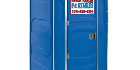 A blue portable restroom unit with the River Parish Portables logo and phone number on the door.