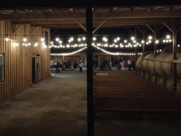 Interior view of a wooden barn venue with string lights and rows of benches set up for a wedding event.