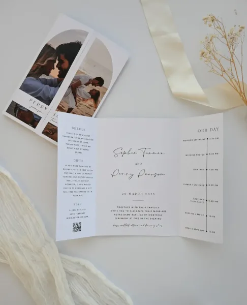 Modern tri-fold gatefold wedding invitation open on linen, Paperlust gatefold invitation design