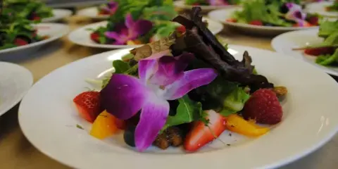 A close-up of a plated salad featuring mixed greens, strawberries, and a purple orchid garnish.