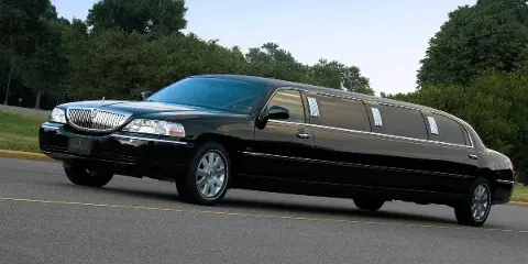 A black stretch limousine parked on a paved road with trees in the background.