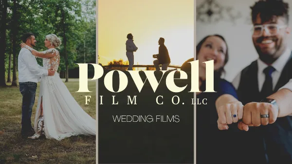 A promotional collage for Powell Film Co. featuring three wedding scenes: a couple dancing in a field, a proposal at sunset, and a couple showing their wedding rings.