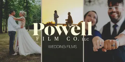 A promotional collage for Powell Film Co. featuring three wedding scenes: a couple dancing in a field, a proposal at sunset, and a couple showing their wedding rings.