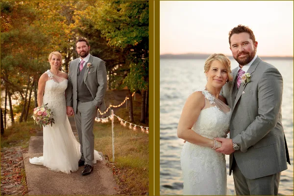 A bride in a white lace gown holding a bouquet and a groom in a gray suit posing outdoors near a lake.